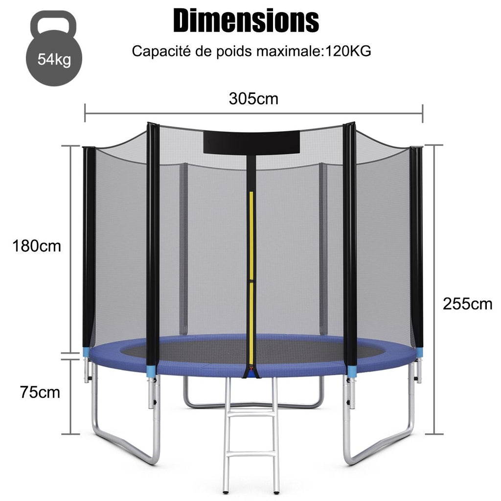Trampoline de Jardin Ø 305cm avec Filet de Sécurité Porte Entrée Echelle Noir et Bleu -