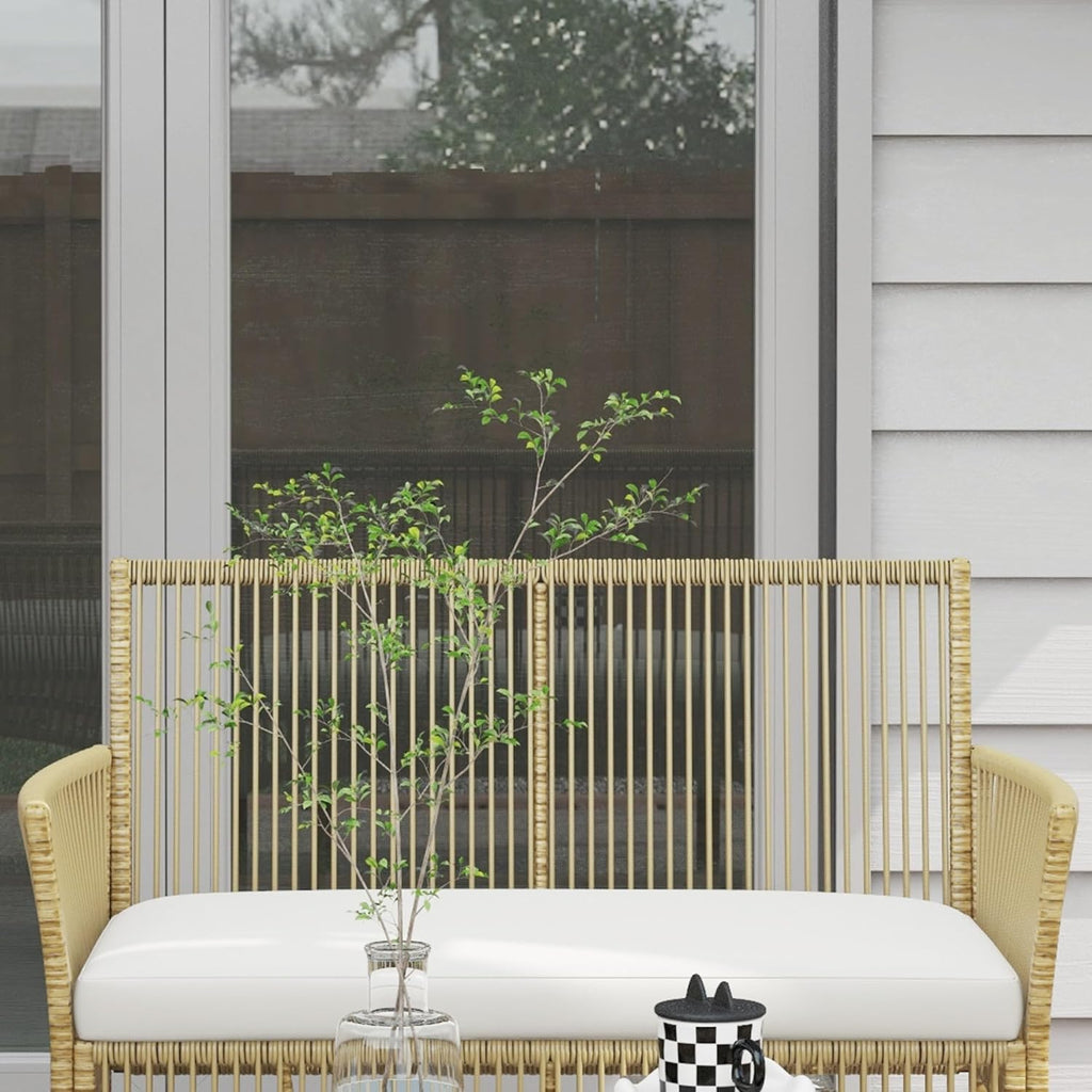 Outsunny Salon de Jardin extérieur 4 pièces canapé 2 Places + 2 fauteuils + 1 Table Basse Plateau Verre trempé Noir 3 Coussins d'assise - métal et résine tressée - Beige