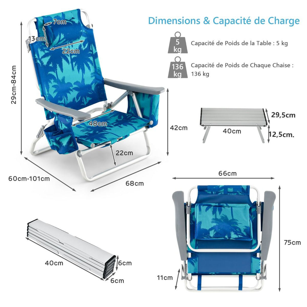 Lot de 2 Chaises de Camping Plage Pliante Table Enroulable en Aluminium Appui-tête Dossier Réglable à 5 Positions 6 Couleurs au Choix -