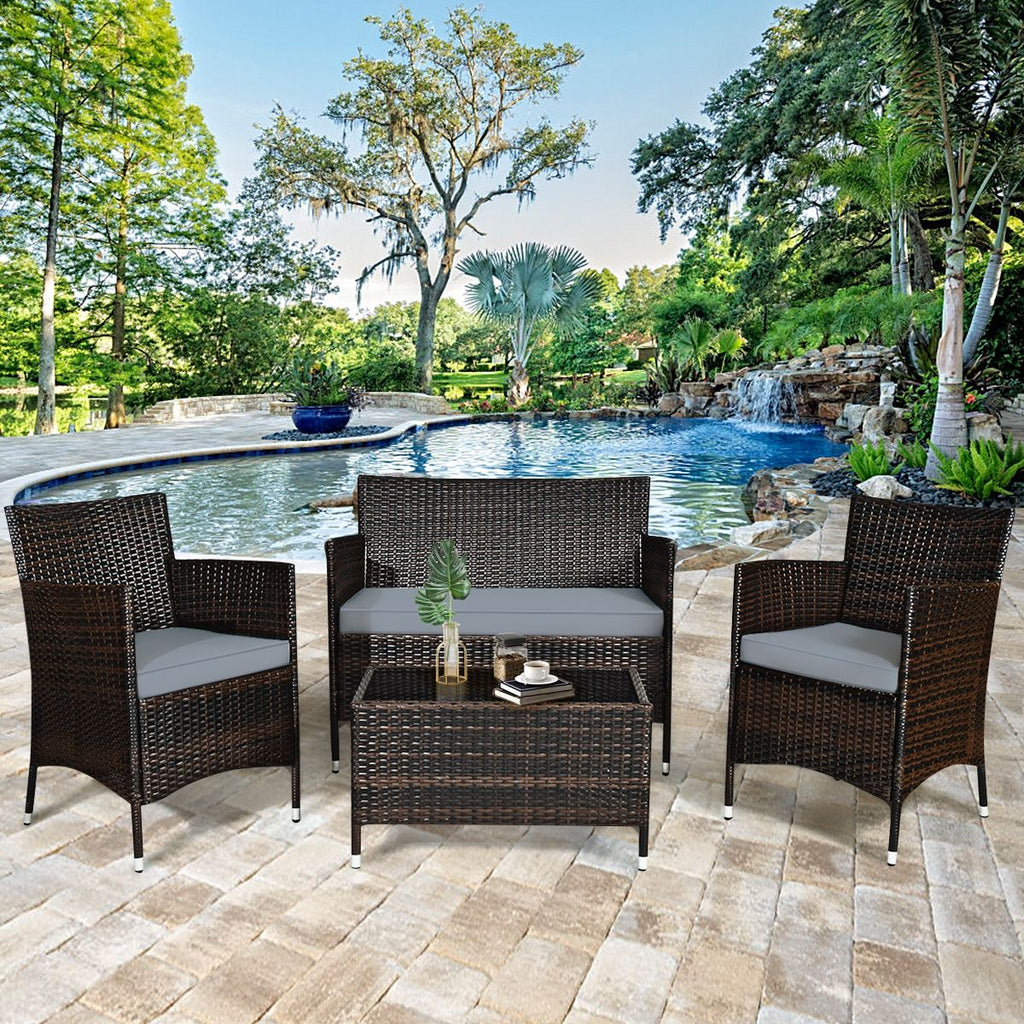 Salon de Jardin 4 PCS Mobilier de Terrasse en Rotin PE pour Véranda Patio Terrasse Piscine Marron et Gris -