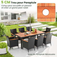 Load image into Gallery viewer, Salon de Jardin en Rotin 9 Pices Plateau de Table en Acacia Ensemble de Salle  Manger avec Coussins Amovibles Trou Charge 180KG Beige+Noir -