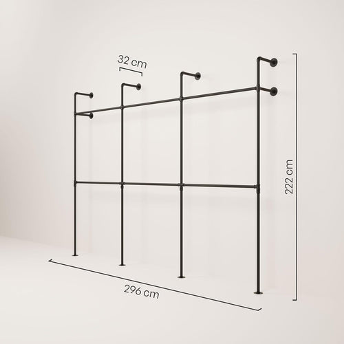 pamo penderie murale - capacité de charge 400 kg - penderie ouverte ou porte-manteau en métal noir industriel fabriqué à partir des tuyaux d’eau