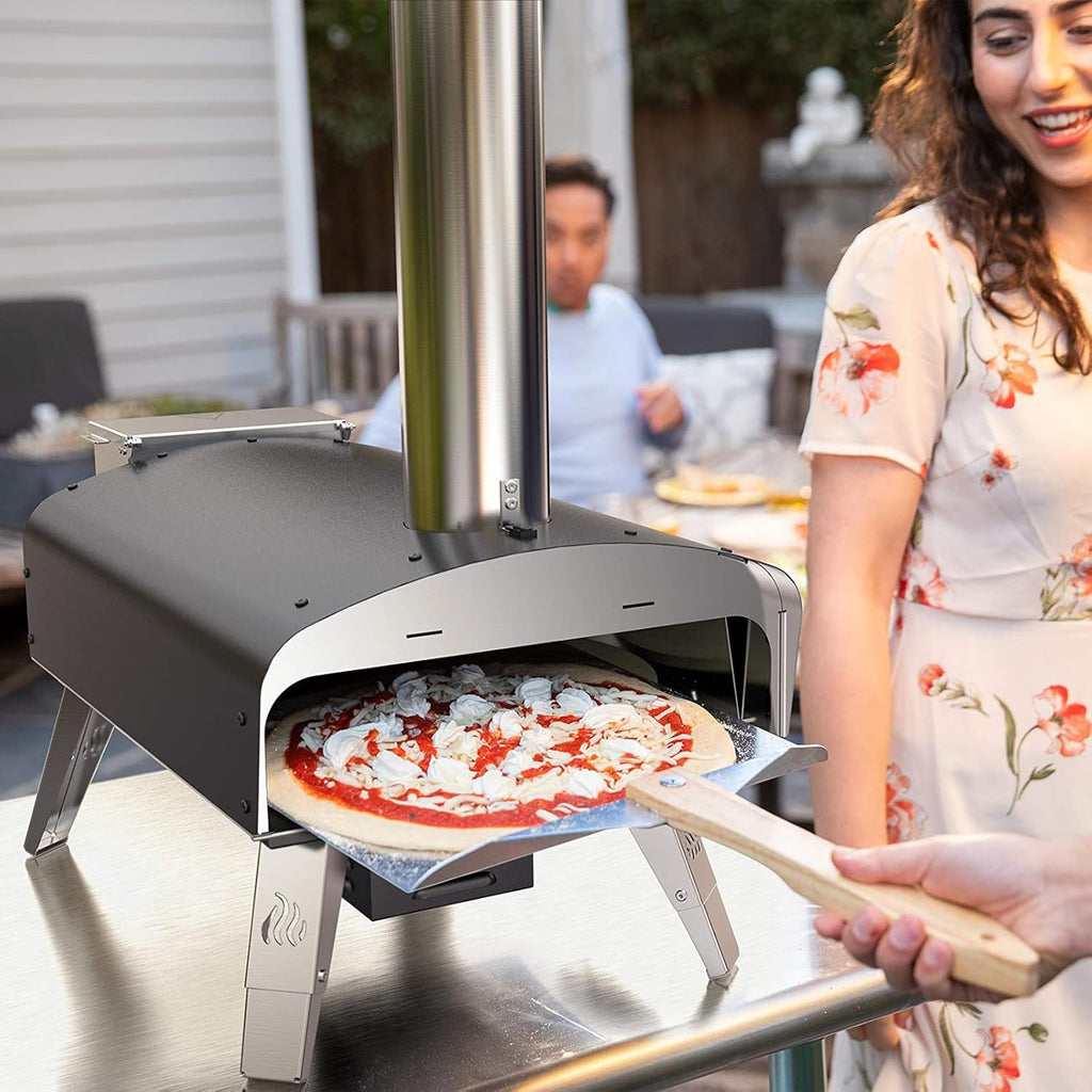 Mimiuo Four à Pizza Noir au Charbon de Bois pellets, Four à Bois Premium pour Jardin avec système de Rotation Automatique, avec Pelle et Pierre à Pizza (Tisserie W-Oven Series)