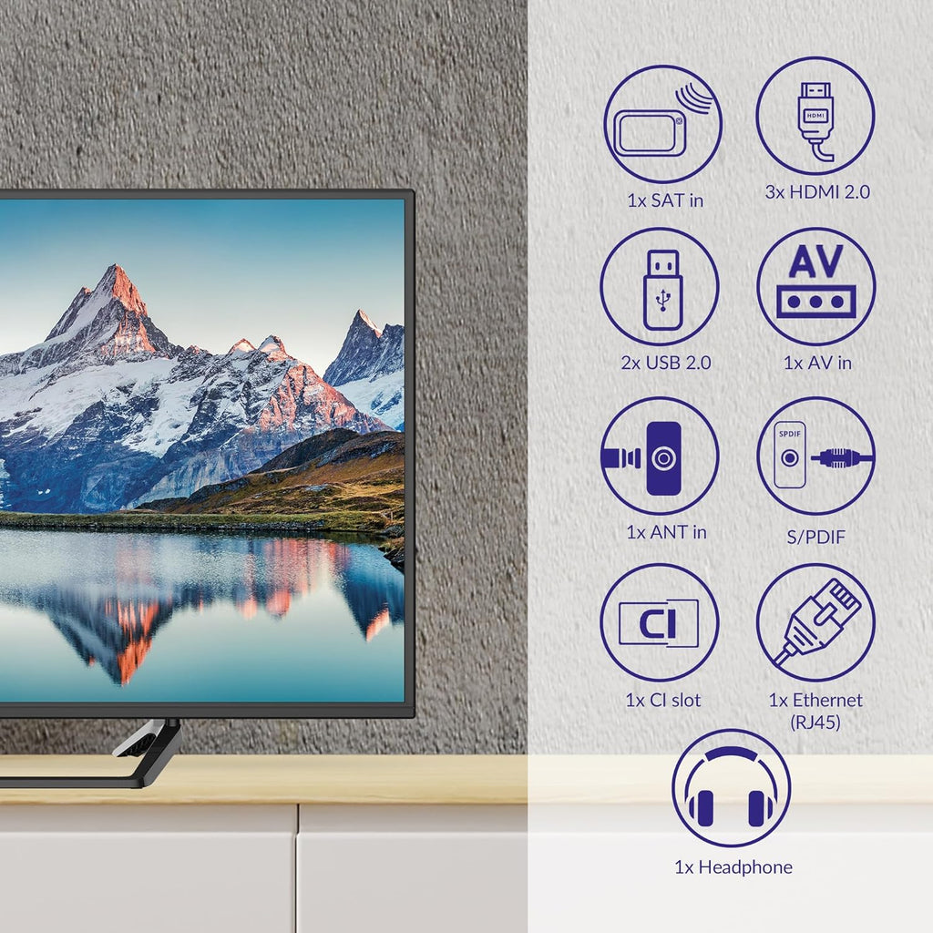 STRONG - Télévision 40 Pouces (100 cm) Full HD SRT40FF2003C - Qualité Image Exceptionnelle - Triple Tuner Intégré - 3 Ports HDMI (1 Arc) + 2 Ports USB + AV + Prise Antenne/Sat - Noire