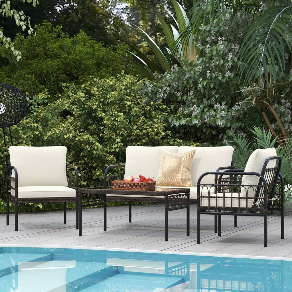 Meubles de Patio 4 Pices en Rotin Charge 180-360KG avec Chaises Causeuse Coussins et Table Basse en Verre Tremp pour Balcon Blanc -