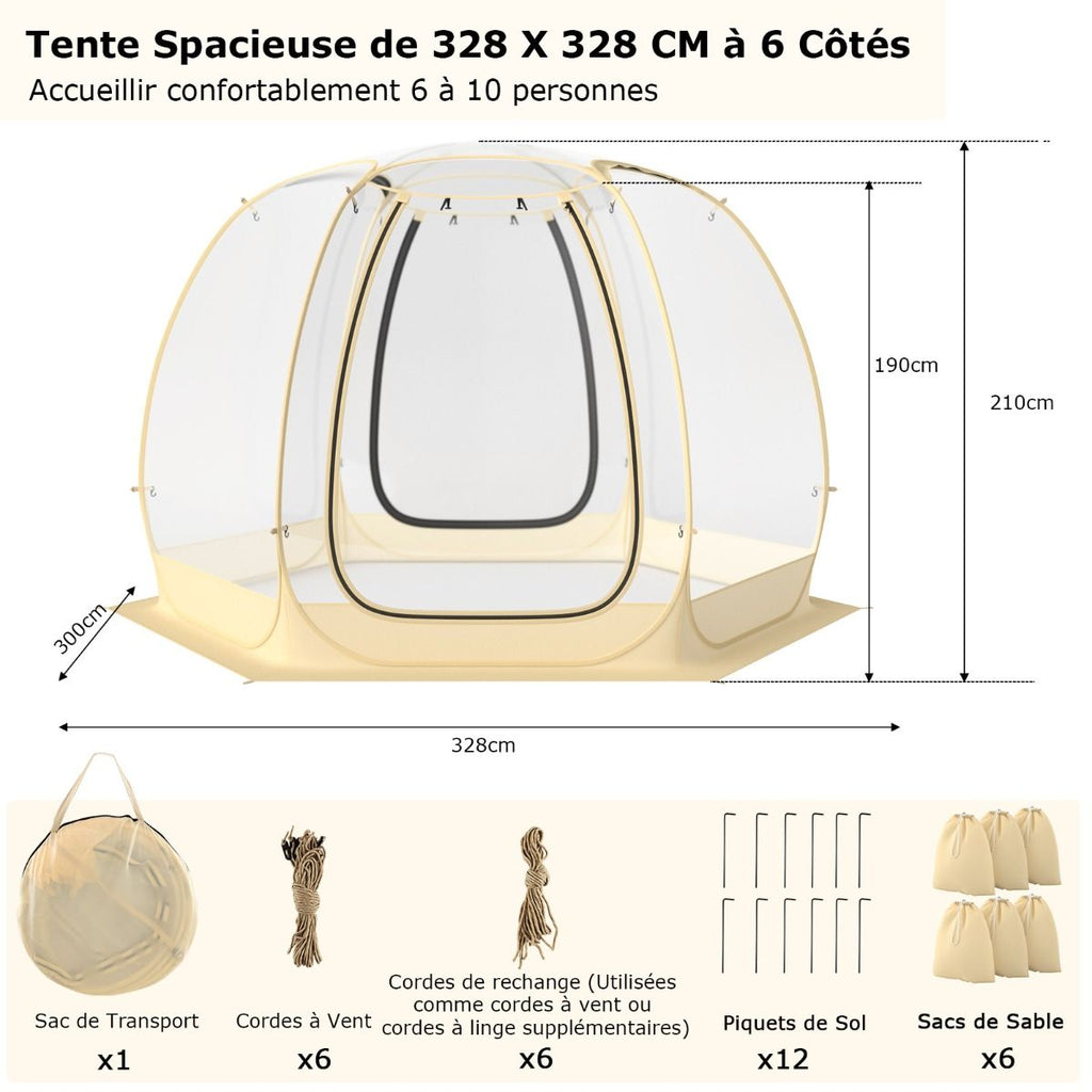 Tente Bulle  Ouverture Instantane pour 6  10 Personnes Tente D么me d'Extrieur 328 x 328 cm Rsistante Aux Intempries Transparent -