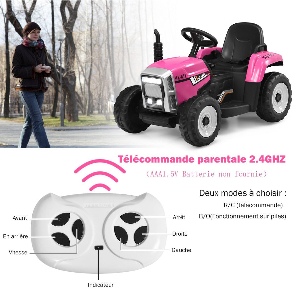 Tracteur Electrique avec Remorque pour Enfants 3 Vitesses Lumières LED Fonctions o USB et Bluetooth Jaune/Rose/Rouge/Vert/Vert Foncé/Noir -