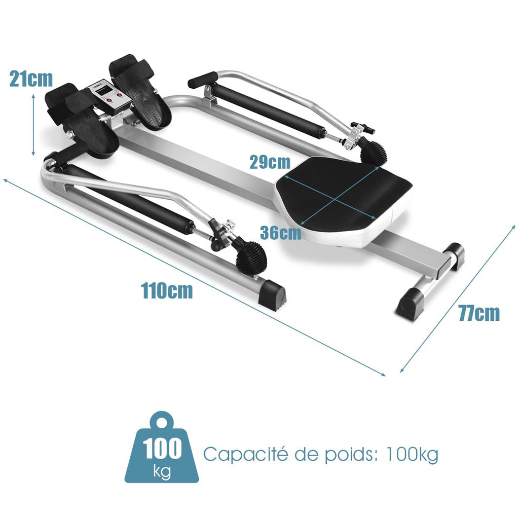 Rameur de Fitness Rsistance Hydraulique Rglable 50kg Affichage LCD Pdale Antidrapante Charge de 100 kg Argent -