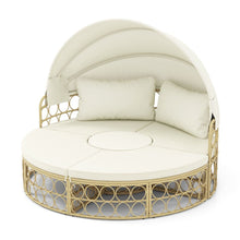 Load image into Gallery viewer, Lit de Repos Rond pour Patio avec Auvent Rétractable Ensemble de Siège Sectionnels Séparés en Rotin PE avec Coussins Doux Blanc -