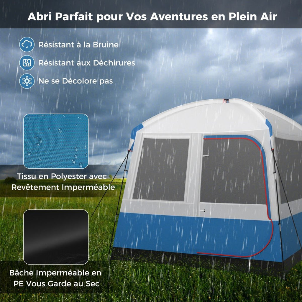 Tente de Camping pour 5 Personnes Tente Dôme Étanche avec Porte et Fenêtres en Maille Sac de Transport 248x248x230cm Bleu + Blanc -