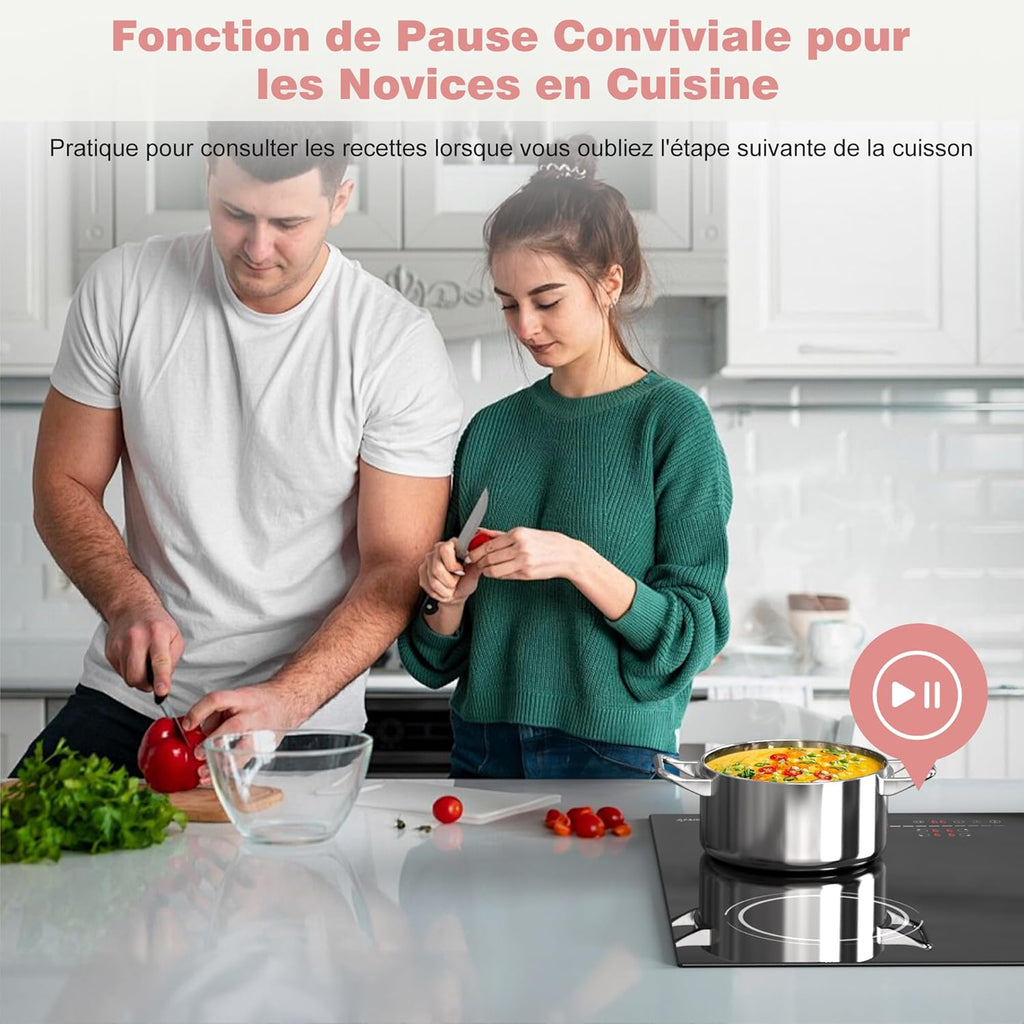 Plaque Induction 4 Feux Encastrable 6400W, Plaque de Cuisson Induction Zone Flexible, Plaque Electrique 60cm, Fonction Pause, 9 Niveaux, Controle tactile, Minuterie, Serrure pour Enfants