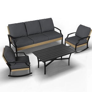 AECOJOY Outdoor Patio Furniture Set with Rocking Chair, 4 Piece Rattan Conversation Bistro Set with Coffee Table, Gray