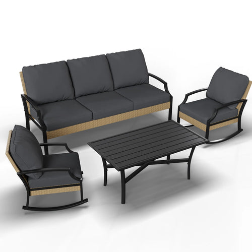 AECOJOY Outdoor Patio Furniture Set with Rocking Chair, 4 Piece Rattan Conversation Bistro Set with Coffee Table, Gray