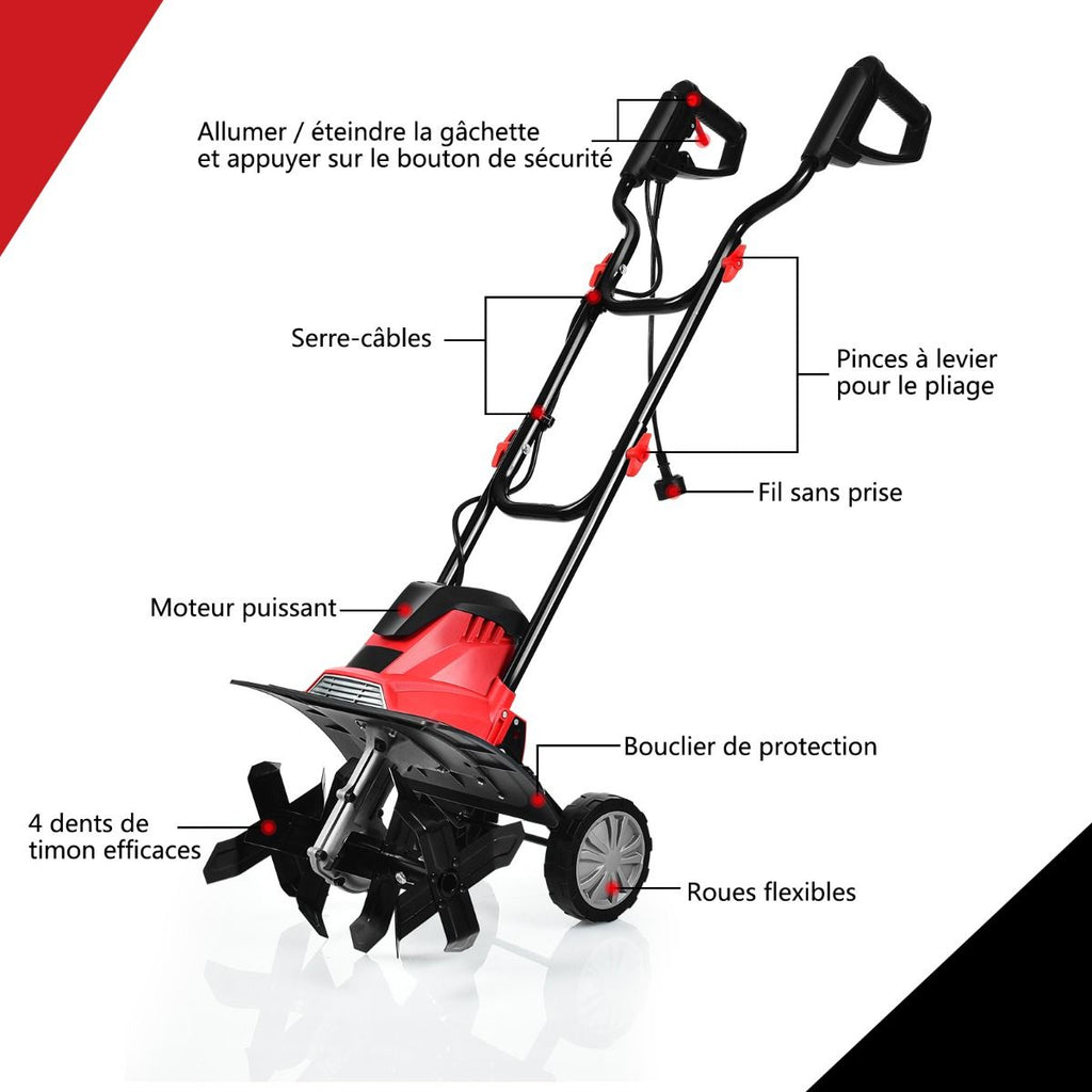 Motobineuse Motoculteur Électrique 1200W Profondeur Travail 22CM Largeur 35CM avec Poignée Pliable Roues Réglables 4 Lames -