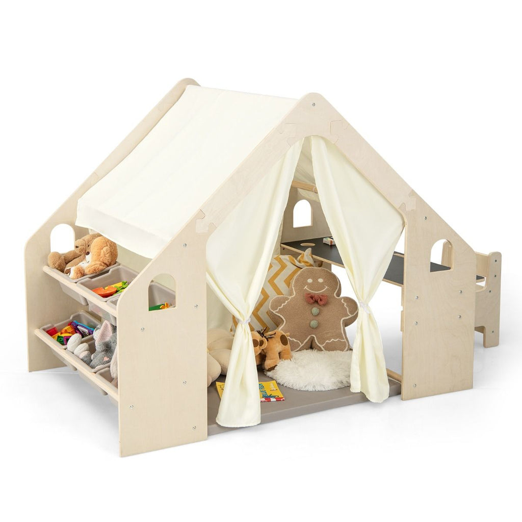 Tente de Jeu d'Intérieur en Bois pour Enfants 6 en 1 Tableau Noir Table Chaise 6 Bacs de Rangement Coussin de Sol Maison de Jeu pour 2-6 ans Beige -