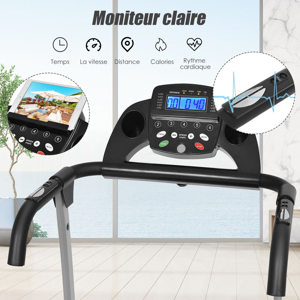 Tapis de Course Électrique Pliable avec Écran et Moniteur de Fréquence Cardiaque avec Vitesse de 1 à 10 km/h et 12 Programmes Noir -