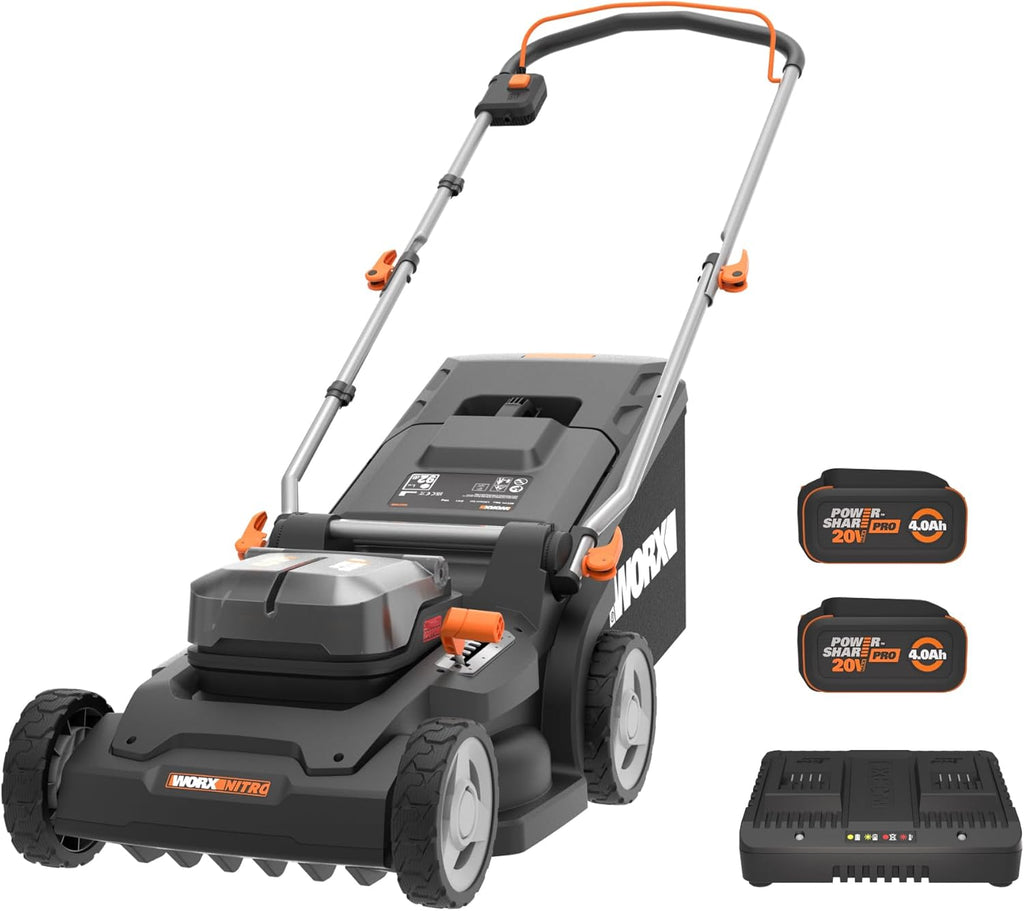 Pack Pro+ Tondeuse à Gazon 40V 460m² + Coupe-Bordures 20V + 2 Batteries 4Ah et 1 Batterie 2Ah + Chargeur Double et Chargeur Simple (Idéal pour l'Entretien du Jardin)