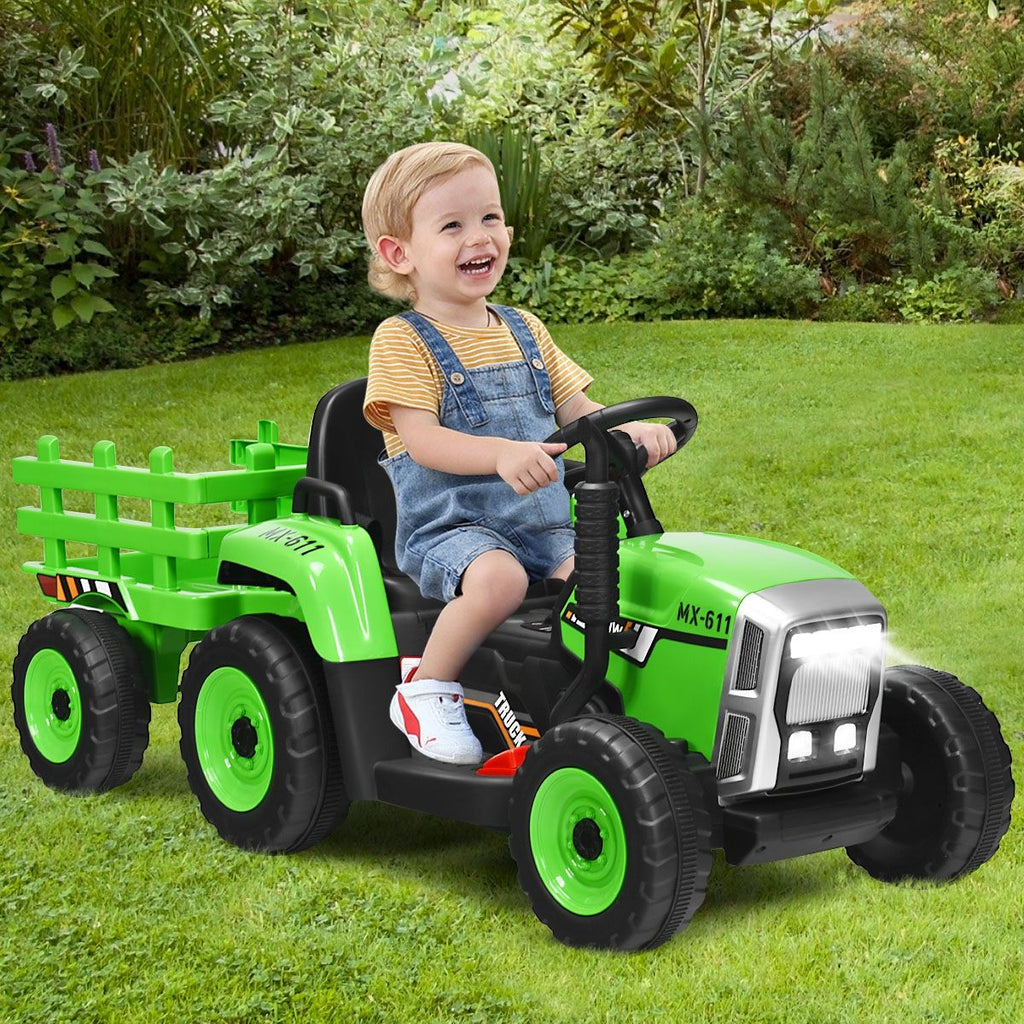 Tracteur Electrique avec Remorque pour Enfants 3 Vitesses Lumires LED Fonctions o USB et Bluetooth Jaune/Rose/Rouge/Vert/Vert Fonc/Noir -