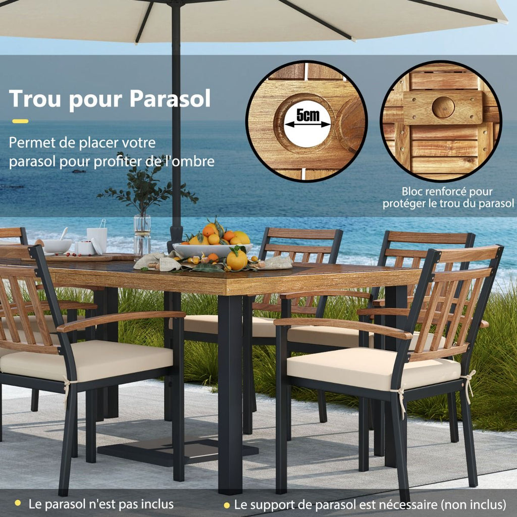 Table de Jardin 200 CM pour 8 Personnes Table Exterieur en Bois d’Acacia avec Trou de Parasol Dia.5 CM Design Latte Pieds en Métal -