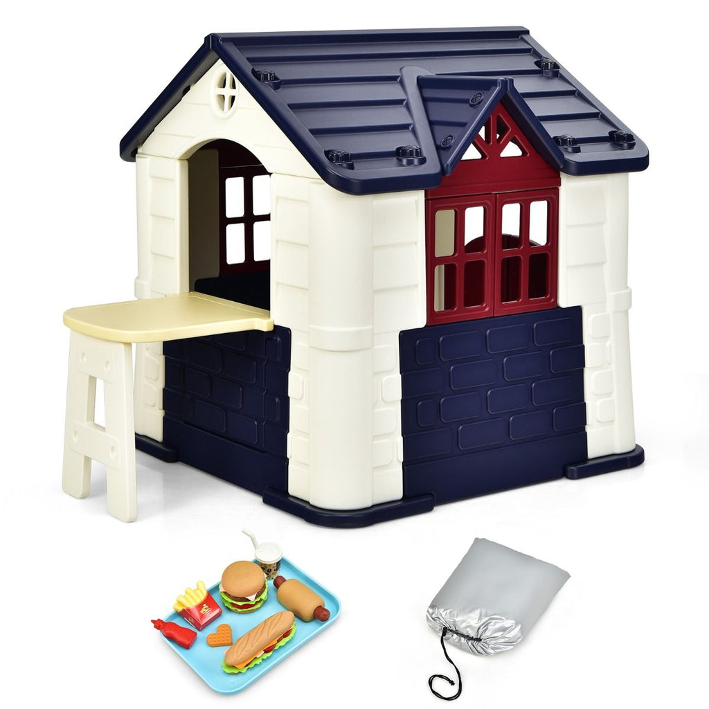 Maison Chef House -Thme Burger Bar - Table de Pique Nique Cabane de Jardin Anti-UV en Plastique 164x124x132 cm Bleu/Rose/Jaune -