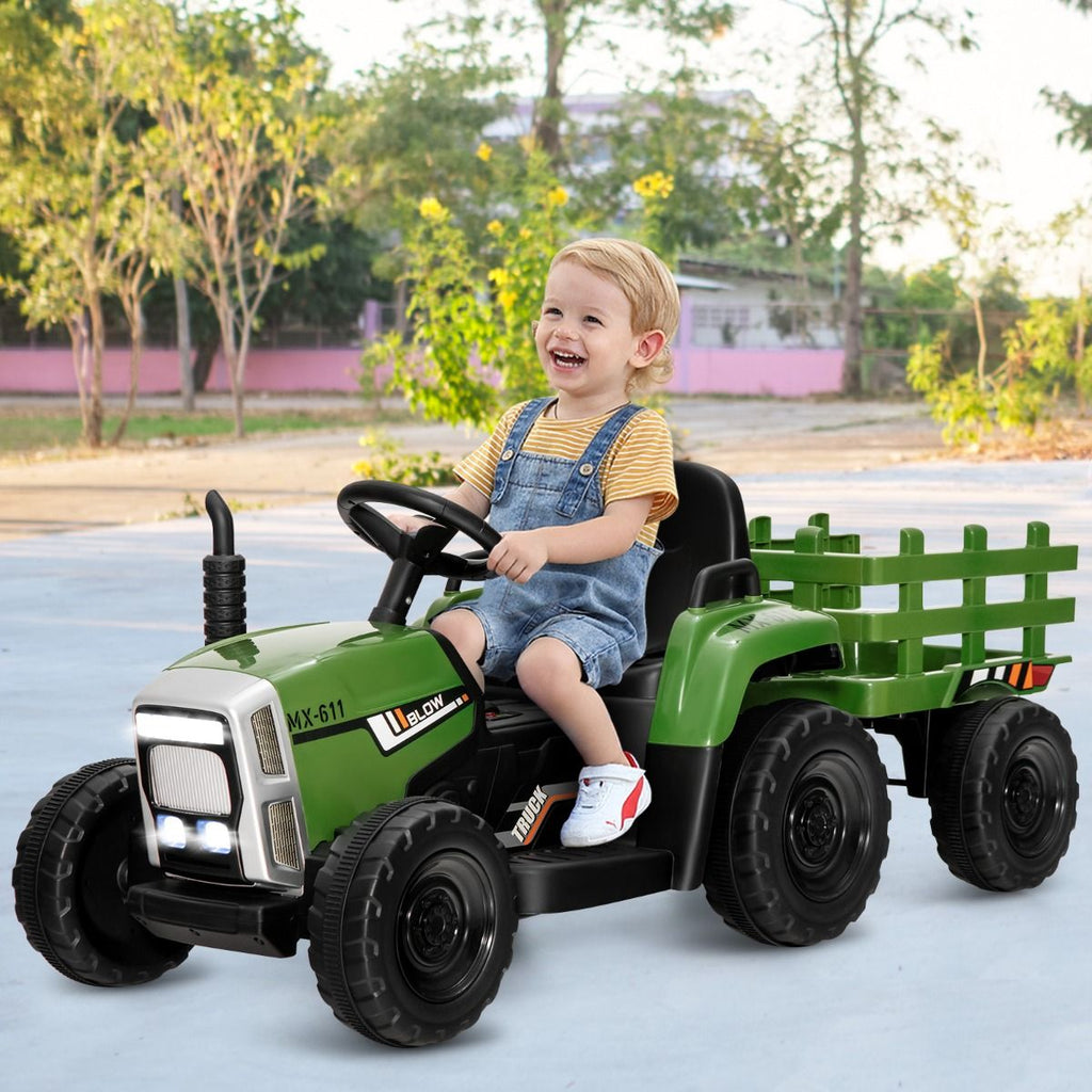 Tracteur Electrique avec Remorque pour Enfants 3 Vitesses Lumières LED Fonctions o USB et Bluetooth Jaune/Rose/Rouge/Vert/Vert Foncé/Noir -