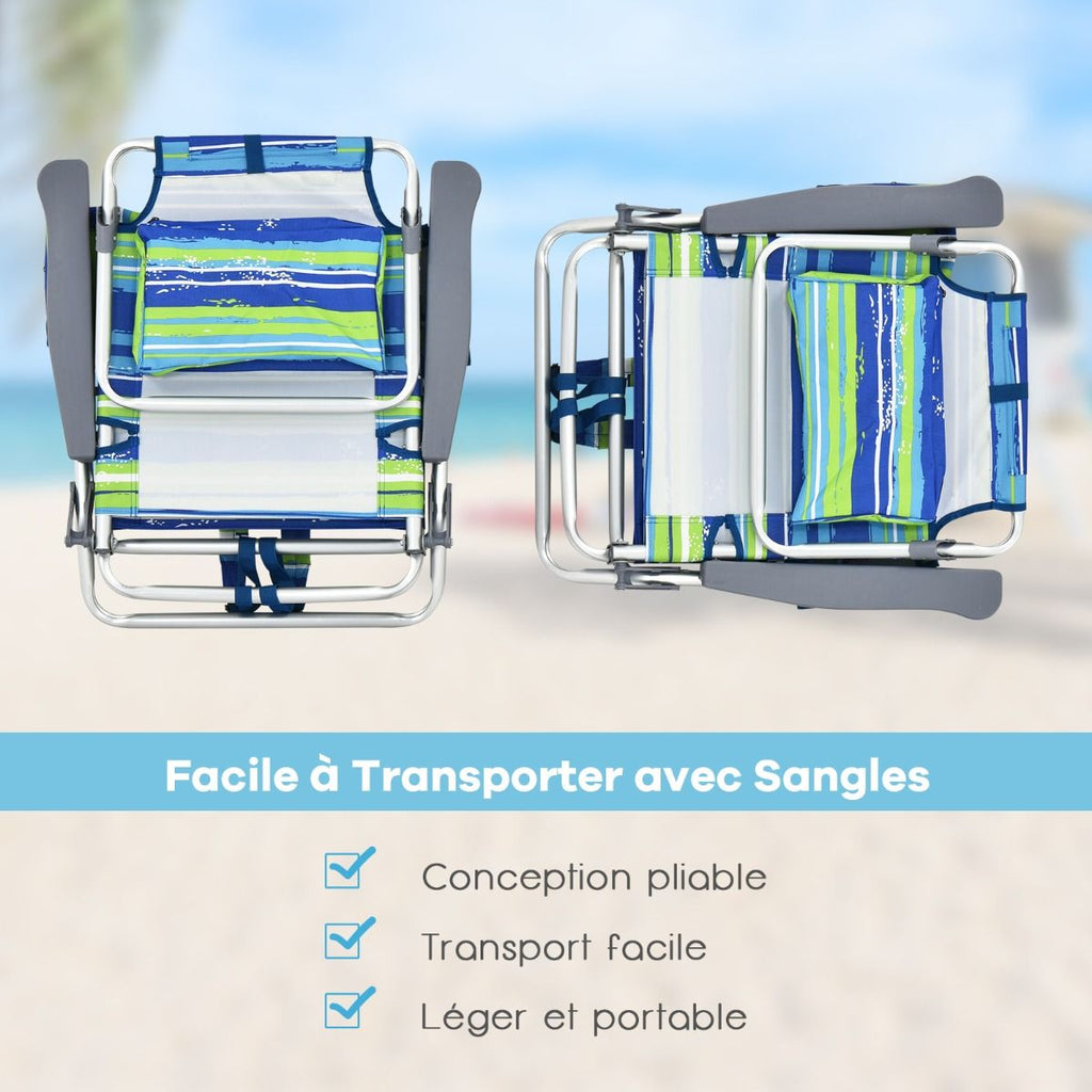 Lot de 2 Chaises de Camping Plage Pliante Table Enroulable en Aluminium Appui-tête Dossier Réglable à 5 Positions 6 Couleurs au Choix -