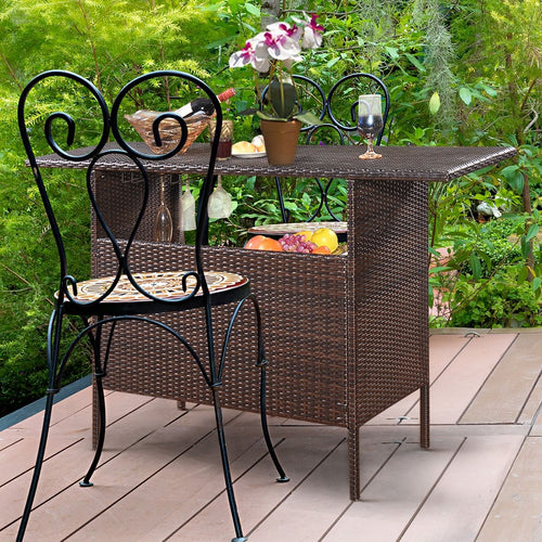 Table de Bar de Jardin en Rsine Tresse avec 2 Etagres de Rangement 2 de Rails pour Porte-Verres Marron -