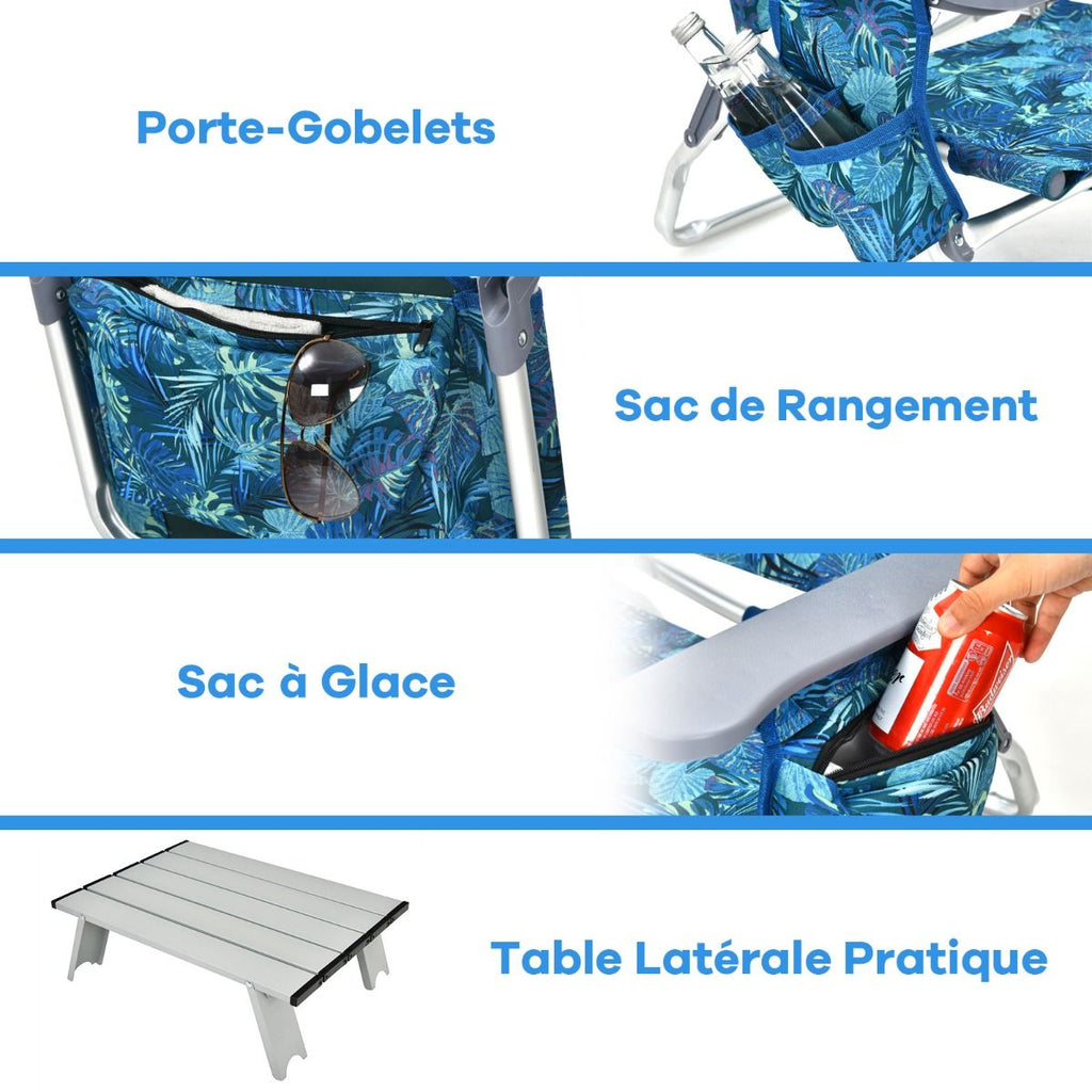 Lot de 2 Chaises de Camping Plage Pliante Table Enroulable en Aluminium Appui-tête Dossier Réglable à 5 Positions 6 Couleurs au Choix -