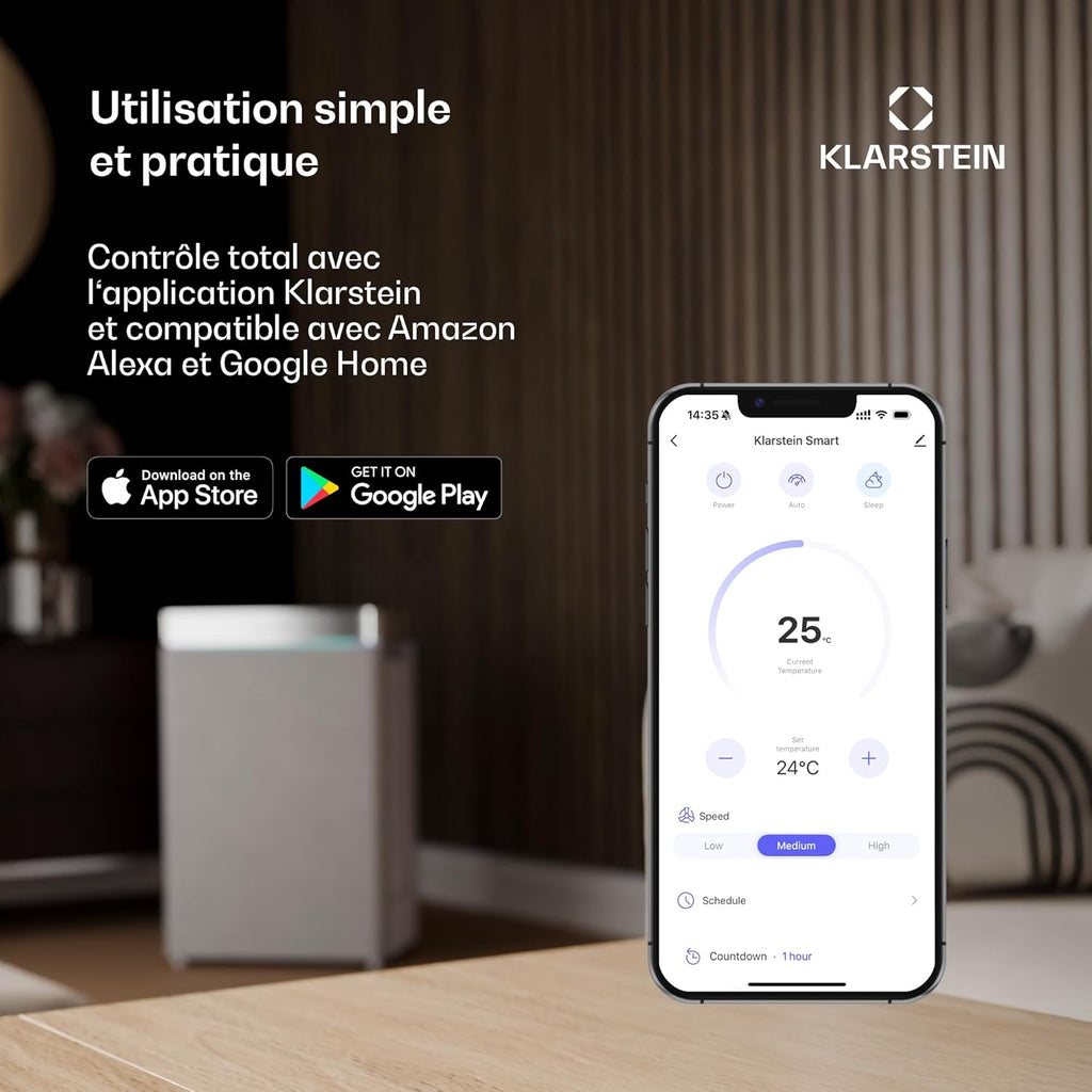 Klarstein Climatiseur Mobile Silencieux, Climatiseur Portable 5 en 1, Mini Climatiseur, Purificateur et Elimination des Odeurs, Mode Nuit, Déshumidificateur d'Air, Faible Conso, 10K BTU, Climatiseurs