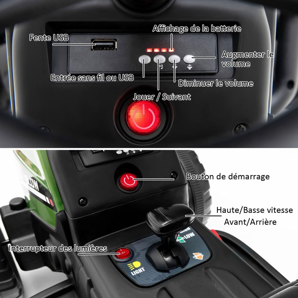 Tracteur Electrique avec Remorque pour Enfants 3 Vitesses Lumières LED Fonctions o USB et Bluetooth Jaune/Rose/Rouge/Vert/Vert Foncé/Noir -