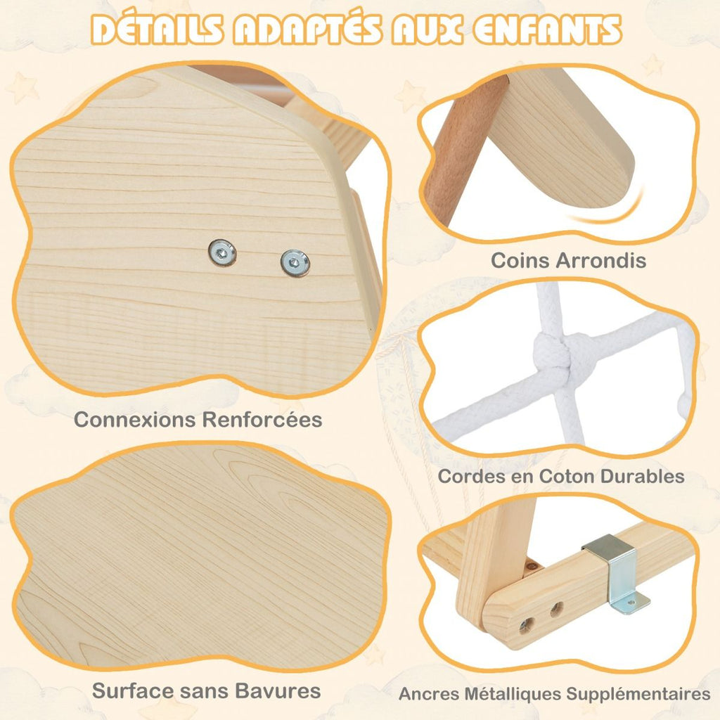 Triangle d'Escalade 6 en 1 en Bois avec Toboggan et Filet Barre pour Grimper Ramper et Glisser 1 An+ Coloré/Naturel -