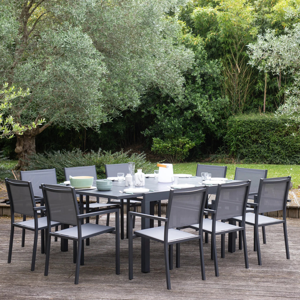 Salon de jardin extensible 10 places de 140/200cm en textilène gris - aluminium anthracite VENEZIA -