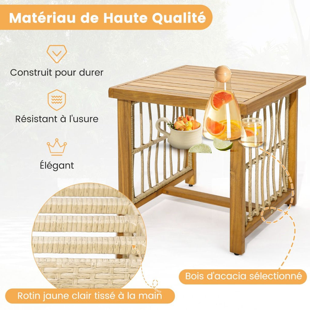 Salon de Jardin avec 1 Table et 2 Fauteuils en Bois d'Acacia et Rotin Anti-UV Pieds Rglables Coussins avec Zip Nautel -