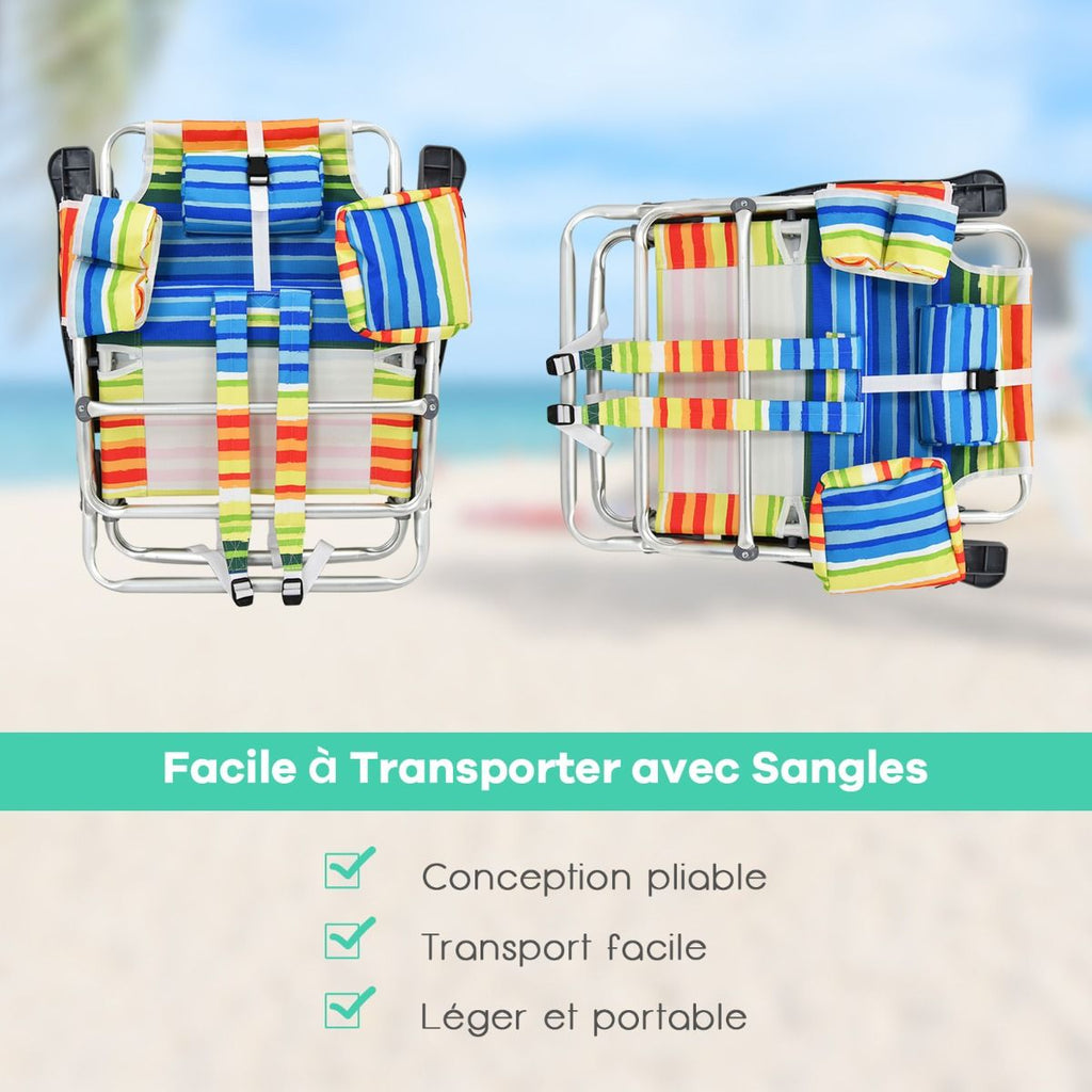 Lot de 2 Chaises de Camping Plage Pliante Table Enroulable en Aluminium Appui-tête Dossier Réglable à 5 Positions 6 Couleurs au Choix -