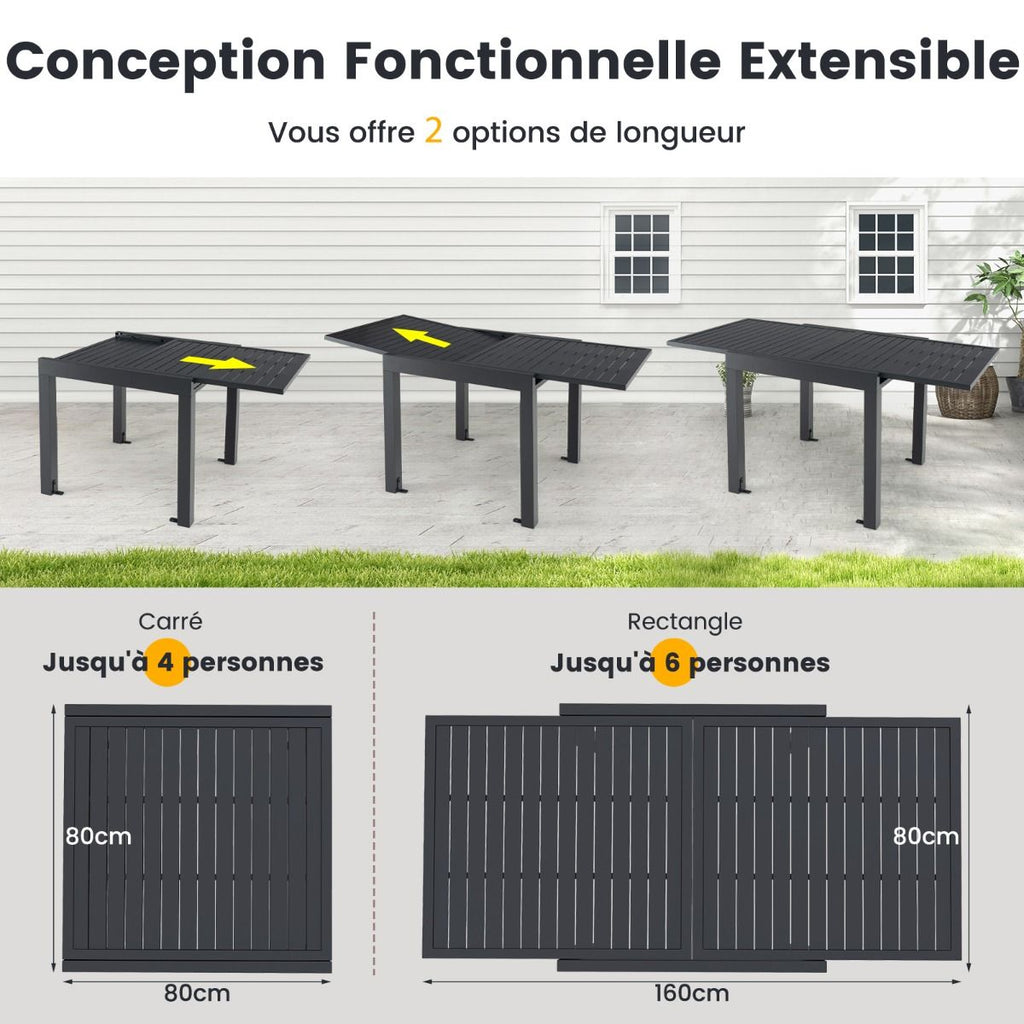 Table de Jardin Extensible en Aluminium Ajustable de 80  160 CM Table  Manger Extrieure Plateau  Lattes pour 4-6 Personnes Gris Fonc -