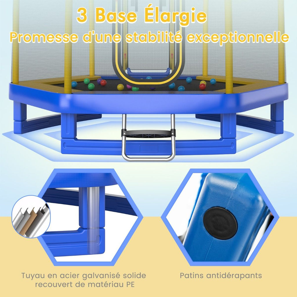 Trampoline Extérieur Ø 223cm avec Toboggan&Echelle avec Filet de Sécurité 2 Portes en U Charge 270kg pour 2-3 Enfants de 3 Ans+ Bleu/Vert -