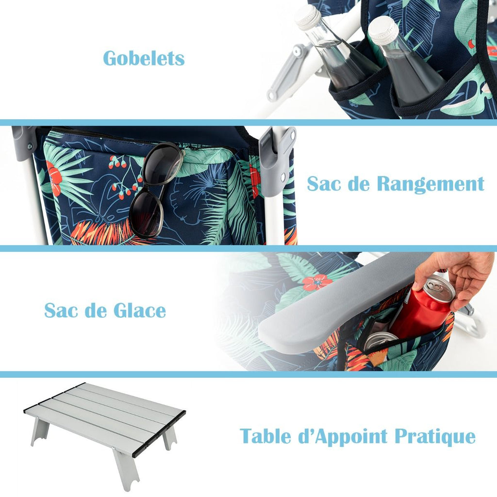 Lot de 2 Chaises de Camping Plage Pliante Table Enroulable en Aluminium Appui-tête Dossier Réglable à 5 Positions 6 Couleurs au Choix -