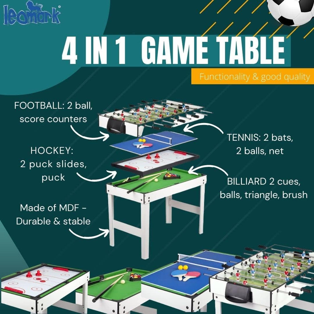 Leomark Table 4 Jeux en 1 - Billard, babyfoot, Hockey de Table et ping-Pong Table à Jouer Multifonction Table multijeux Dim: 120 x 61 x 82 (Hauteur) cm