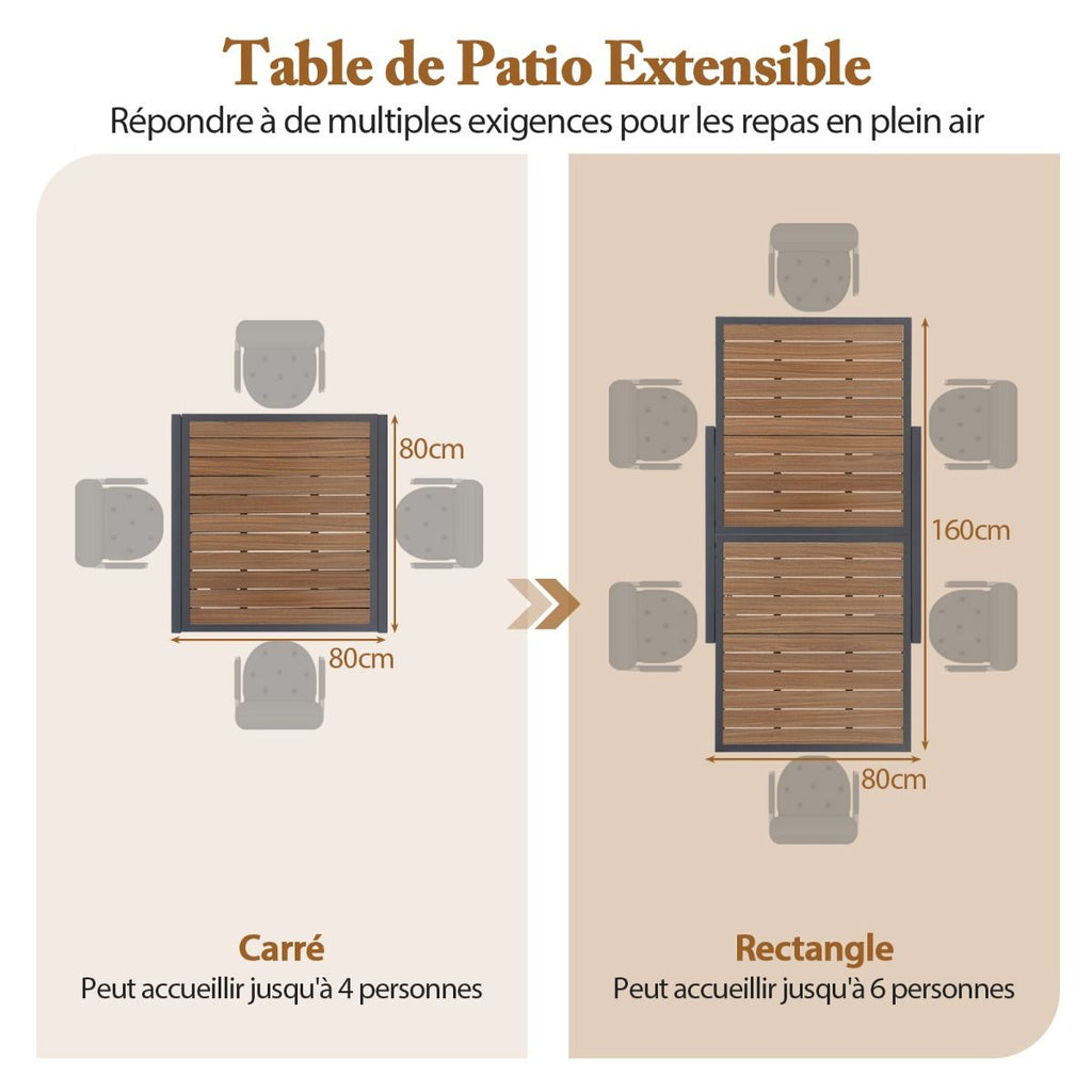 Table de Jardin Extensible en Aluminium Ajustable de 80  160 CM Table  Manger Extrieure Rectangulaire pour 4-6 Personnes Naturel -