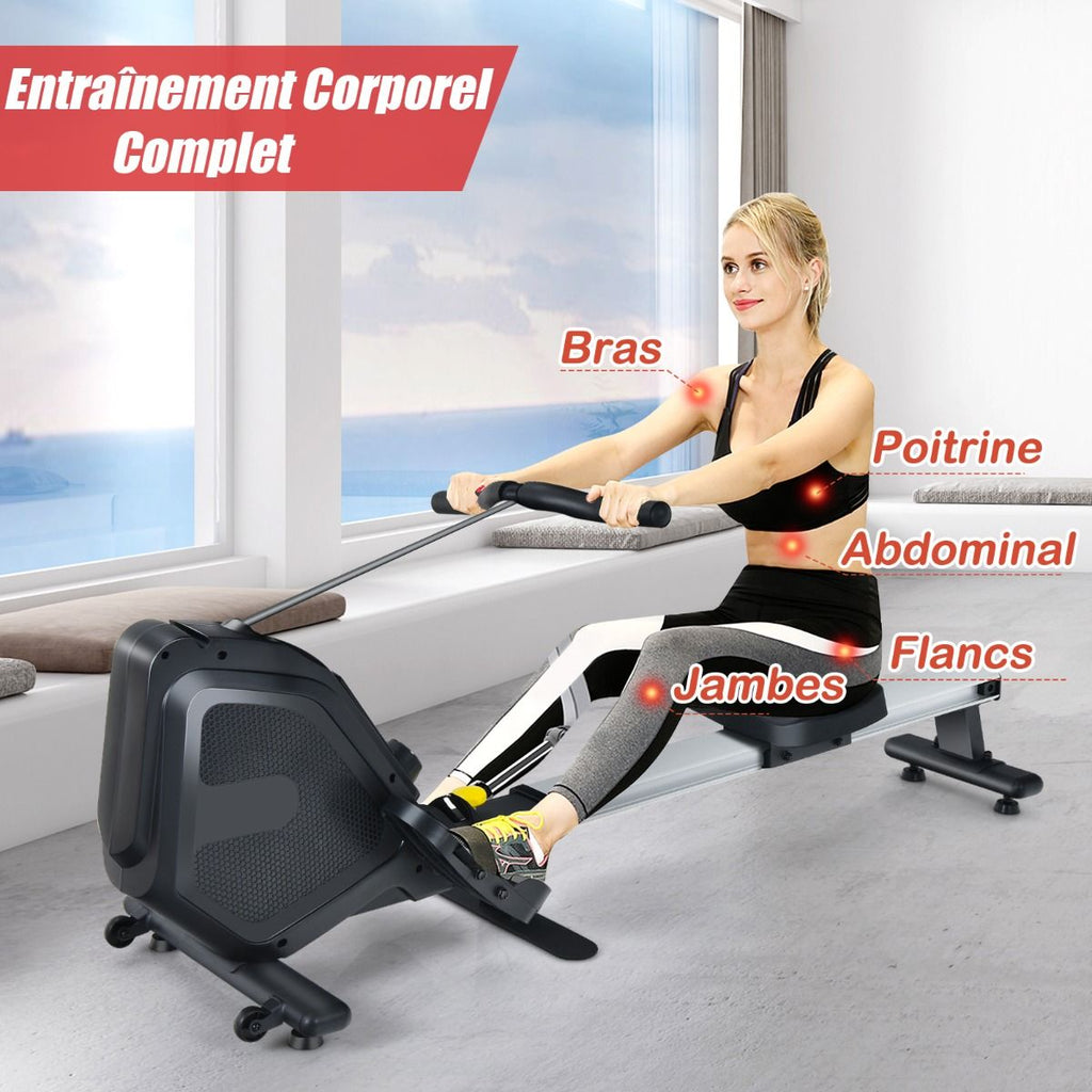 Rameur Magnétique Résistanceà 8 Niveaux Pliable 2 Roues Flexibles Rail Coulissant en Aluminium Ecran LCD Support d'Appareil -