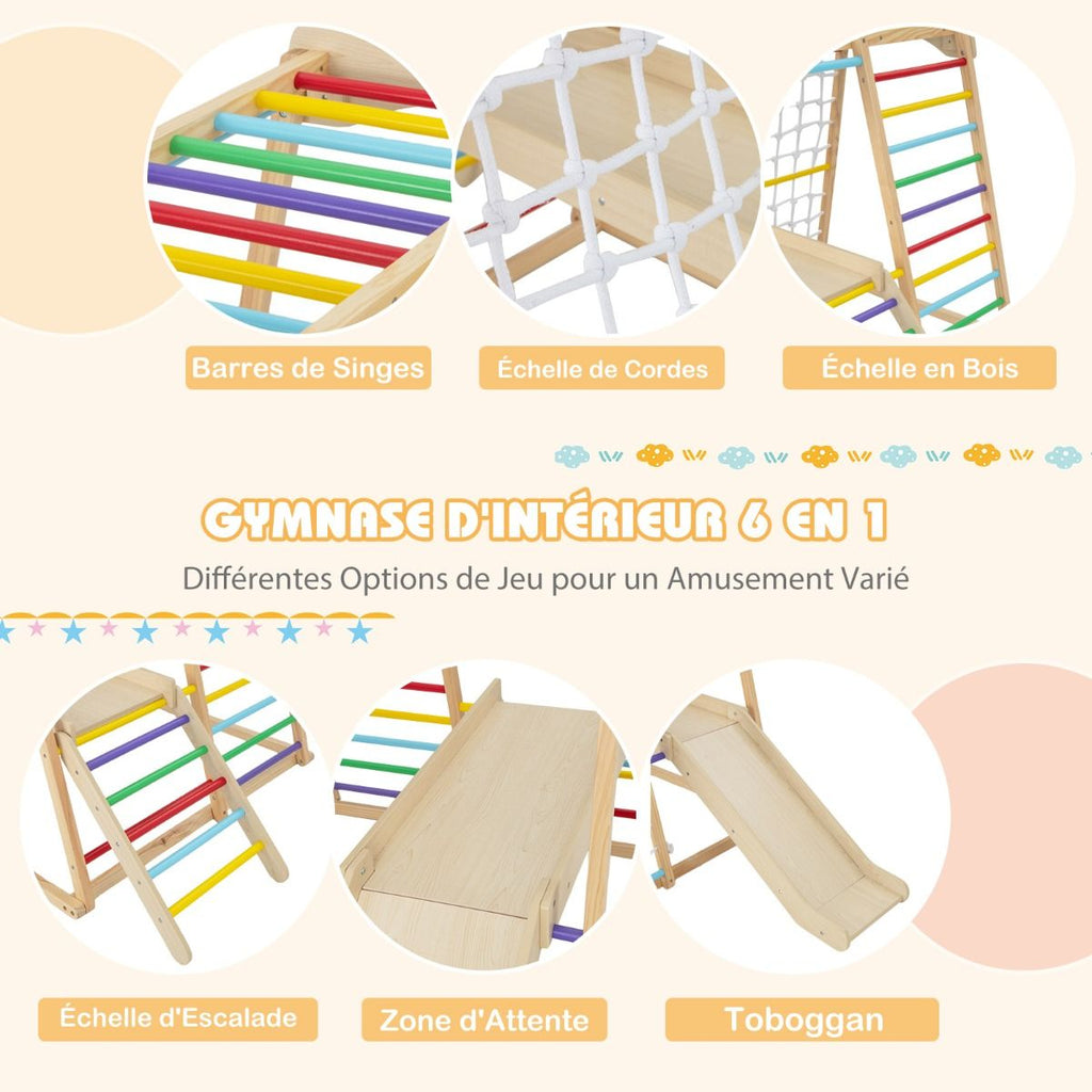 Triangle d'Escalade 6 en 1 en Bois avec Toboggan et Filet Barre pour Grimper Ramper et Glisser 1 An+ Coloré/Naturel -