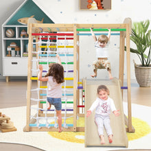 Load image into Gallery viewer, Triangle d'Escalade 6 en 1 en Bois avec Toboggan et Filet Barre pour Grimper Ramper et Glisser 1 An+ Coloré/Naturel -