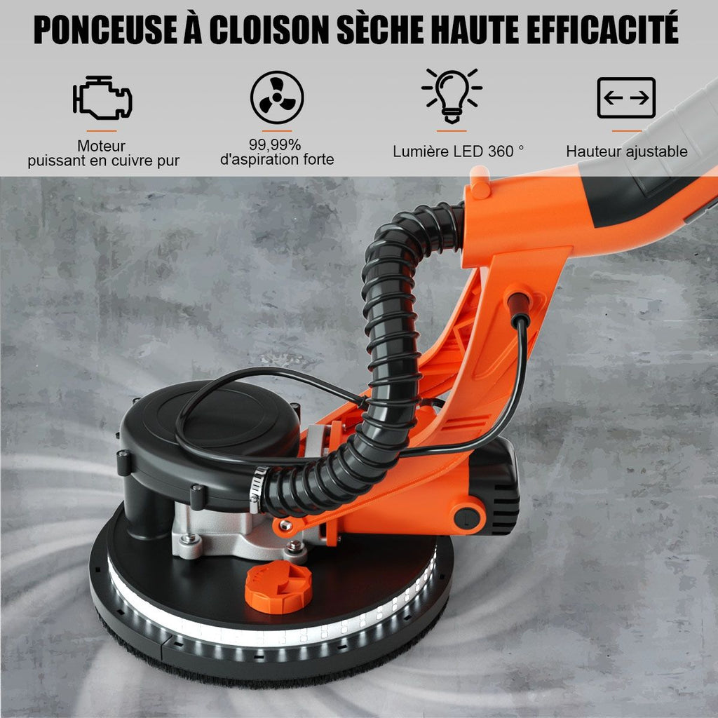 Ponceuse  Pl芒tre Murale 750W 脴 225mm Aluminium 6 Vitesses Variables Lumires LED Manche Tlescopique 12 Disques Abrasifs -