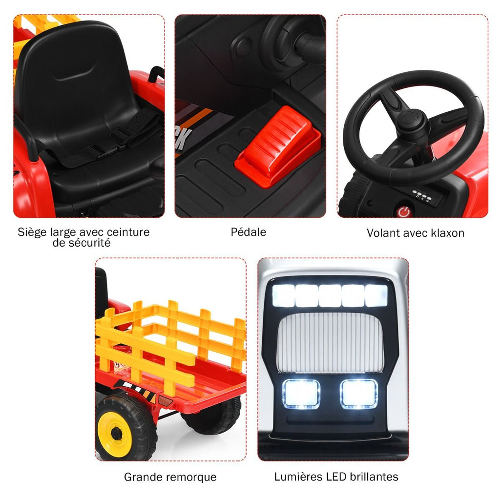 Tracteur Electrique avec Remorque pour Enfants 3 Vitesses Lumires LED Fonctions o USB et Bluetooth Jaune/Rose/Rouge/Vert/Vert Fonc/Noir -