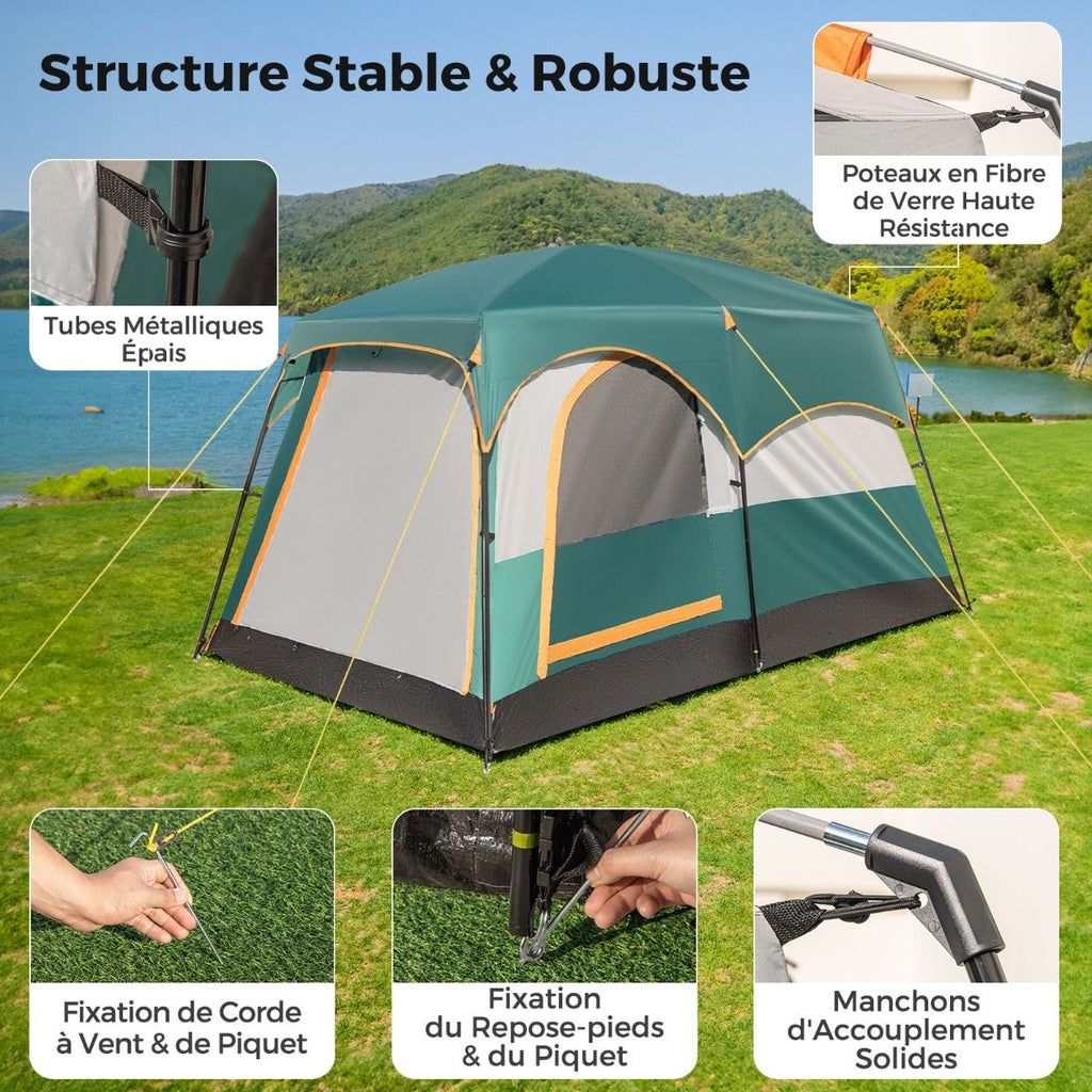 Tente de Camping pour 6 Personnes avec 2 Pièces Tente Double Couchage Double Toit Bâche en Pe Fenêtres en Maille Imperméable avec Sac de Transport Vert -