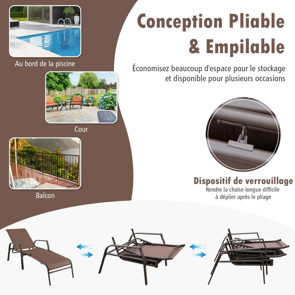 Lot de 2 Chaises longues avec Dossier Réglable Tissu Respirant Structure Robuste en Acier Charge Max 150KG -