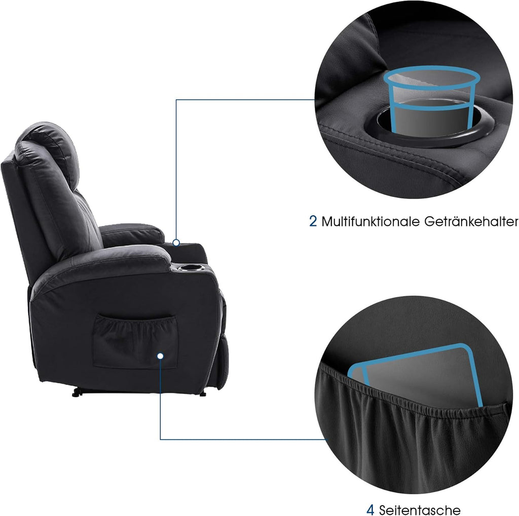 M MCombo Fauteuil Relax électrique Fauteuil de Massage Fauteuil TV Fonction inclinable Vibration Chauffage 7061 Nouveau modèle (Simili Cuir Noir)
