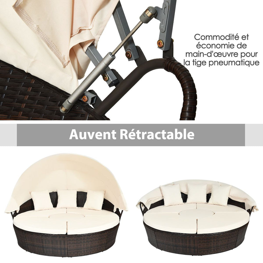 Lit de Jardin Rond d'Exterieur Table Relevable Modulable & Convertible - Pare Soleil Réglable rotin PE Coussins Inclus Beige -