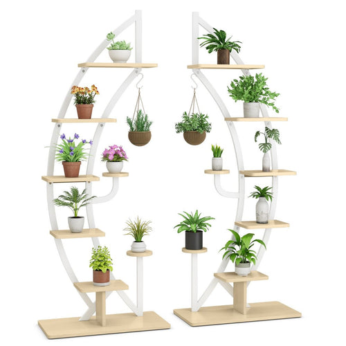 Lot de 2 Étagères à Fleurs en Métal à 7 Niveaux Porte Plantes en Forme de Demi-lune avec Dispositif Anti-renversement 60 x 30 x 155 CM Blanc/Naturel -