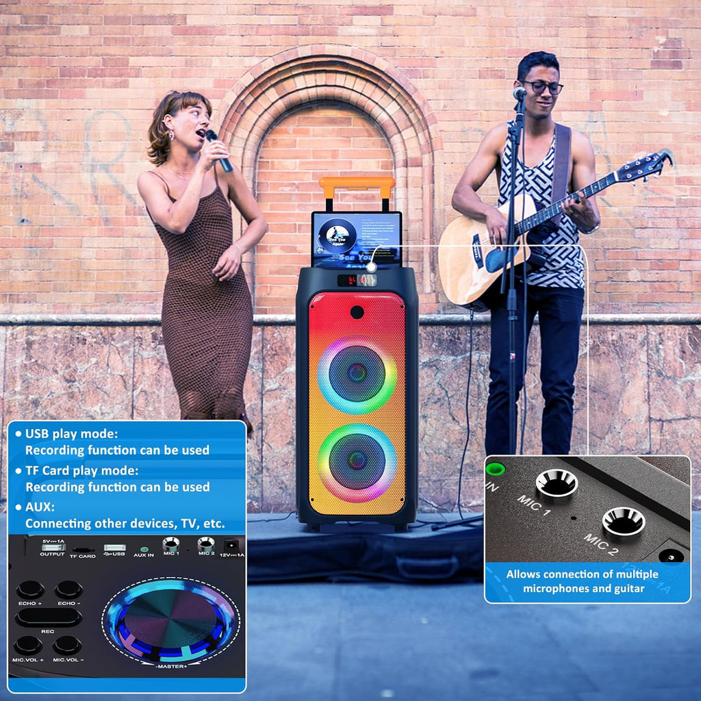 JYX Machine Karaoké pour Adultes, Enceinte Karaoké Bluetooth Portable avec 2 Microphones sans Fil, Party Box Idéale pour Les réunions de Famille/Le Camping en Plein Air